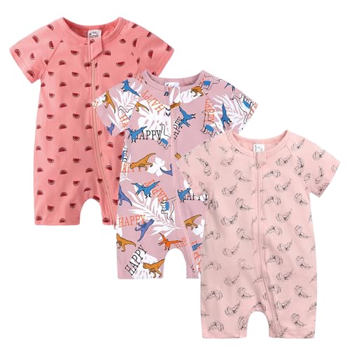 Petalum Baby Mädchen Pyjama Sommer aus Baumwolle Kurzarm mit Reißverschluss 3pcs Kleinkind Jungen Schlafstrampler Drucken Jumpsuit Body Spieler Outfits 2-3 Jahre Set V von Petalum