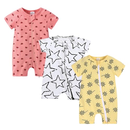 Petalum Baby Mädchen Pyjama Sommer aus Baumwolle Kurzarm mit Reißverschluss 3pcs Kleinkind Jungen Schlafstrampler Drucken Jumpsuit Body Spieler Outfits 2-3 Jahre Set W von Petalum