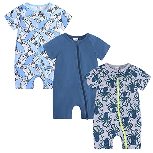 Petalum Baby Mädchen Pyjama Sommer aus Baumwolle Kurzarm mit Reißverschluss 3pcs Kleinkind Jungen Schlafstrampler Drucken Jumpsuit Body Spieler Outfits 3-36 Monate 12-24Monate Set F von Petalum