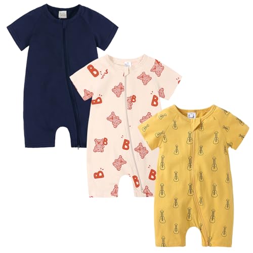 Petalum Baby Mädchen Pyjama Sommer aus Baumwolle Kurzarm mit Reißverschluss 3pcs Kleinkind Jungen Schlafstrampler Drucken Jumpsuit Body Spieler Outfits 3-36 Monate 12-24Monate Set G von Petalum