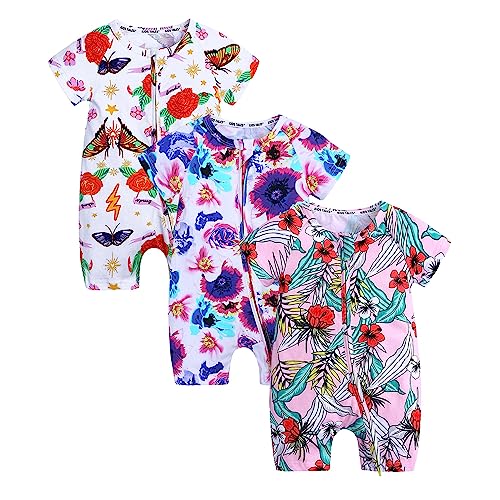 Petalum Baby Mädchen Pyjama Sommer aus Baumwolle Kurzarm mit Reißverschluss 3pcs Kleinkind Jungen Schlafstrampler Drucken Jumpsuit Body Spieler Outfits 3-6 Monate Set A1 von Petalum