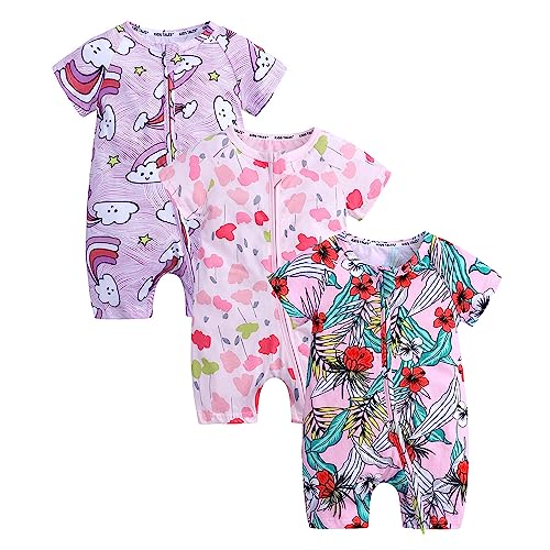 Petalum Baby Mädchen Pyjama Sommer aus Baumwolle Kurzarm mit Reißverschluss 3pcs Kleinkind Jungen Schlafstrampler Drucken Jumpsuit Body Spieler Outfits 3-6 Monate Set E1 von Petalum