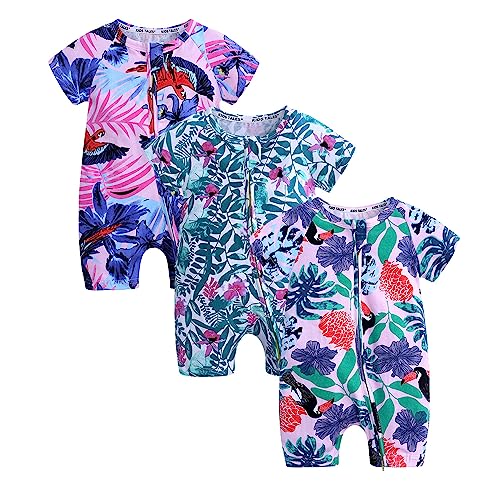 Petalum Baby Mädchen Pyjama Sommer aus Baumwolle Kurzarm mit Reißverschluss 3pcs Kleinkind Jungen Schlafstrampler Drucken Jumpsuit Body Spieler Outfits 3-6 Monate Set K von Petalum