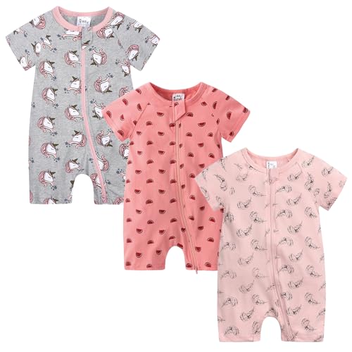 Petalum Baby Mädchen Pyjama Sommer aus Baumwolle Kurzarm mit Reißverschluss 3pcs Kleinkind Jungen Schlafstrampler Drucken Jumpsuit Body Spieler Outfits 3-6 Monate Set T von Petalum