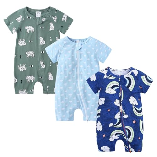 Petalum Baby Mädchen Pyjama Sommer aus Baumwolle Kurzarm mit Reißverschluss 3pcs Kleinkind Jungen Schlafstrampler Drucken Jumpsuit Body Spieler Outfits 3-6Monate Set N von Petalum