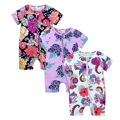 Petalum Baby Mädchen Pyjama Sommer aus Baumwolle Kurzarm mit Reißverschluss 3pcs Kleinkind Jungen Schlafstrampler Drucken Jumpsuit Body Spieler Outfits 6-9 Monate Set B1 von Petalum