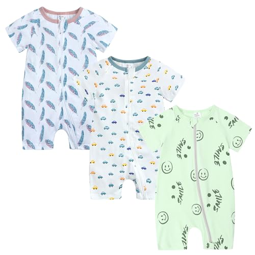 Petalum Baby Mädchen Pyjama Sommer aus Baumwolle Kurzarm mit Reißverschluss 3pcs Kleinkind Jungen Schlafstrampler Drucken Jumpsuit Body Spieler Outfits 6-9Monate Set M von Petalum