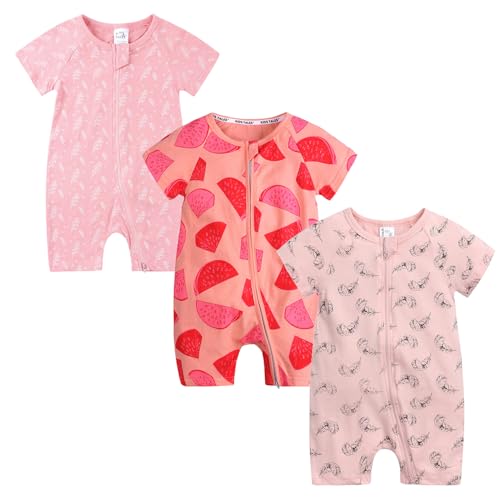 Petalum Baby Mädchen Pyjama Sommer aus Baumwolle Kurzarm mit Reißverschluss 3pcs Kleinkind Jungen Schlafstrampler Drucken Jumpsuit Body Spieler Outfits 9-12 Monate Set R von Petalum