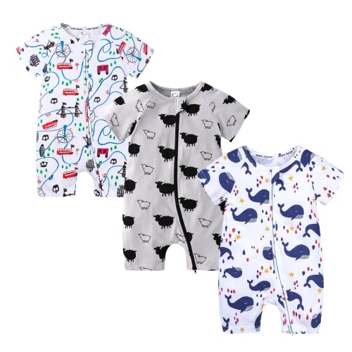 Petalum Baby Mädchen Pyjama Sommer aus Baumwolle Kurzarm mit Reißverschluss 3pcs Kleinkind Jungen Schlafstrampler Drucken Jumpsuit Body Spieler Outfits 9-12Monate Set P von Petalum