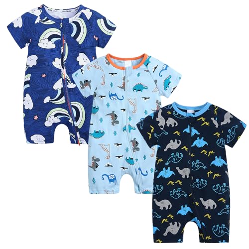 Petalum Baby Mädchen Pyjama Sommer aus Baumwolle Kurzarm mit Reißverschluss 3pcs Kleinkind Jungen Schlafstrampler Drucken Jumpsuit Body Spieler Outfits Set C 6-9Monate von Petalum