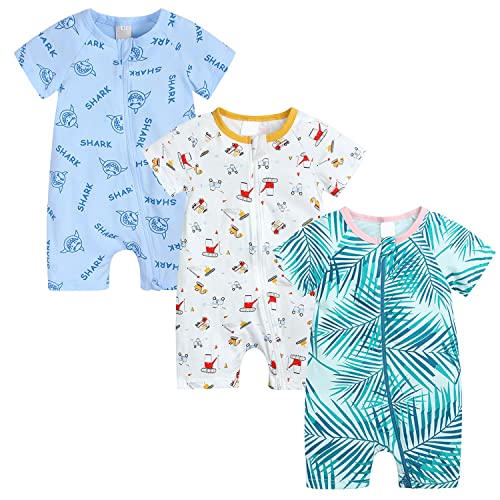 Petalum Baby Mädchen Pyjama Sommer aus Baumwolle Kurzarm mit Reißverschluss 3pcs Kleinkind Jungen Schlafstrampler Drucken Jumpsuit Body Spieler Outfits Set D 9-12Monate von Petalum