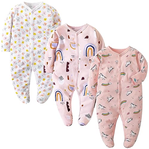 Petalum Baby Mädchen Pyjama mit Füßen 3er Pack Kleinkind Jungen schlafanzüge Baumwolle Winter Langarm Schlafstrampler mit knöpfen Overalls Strampler A 6-9Monate von Petalum