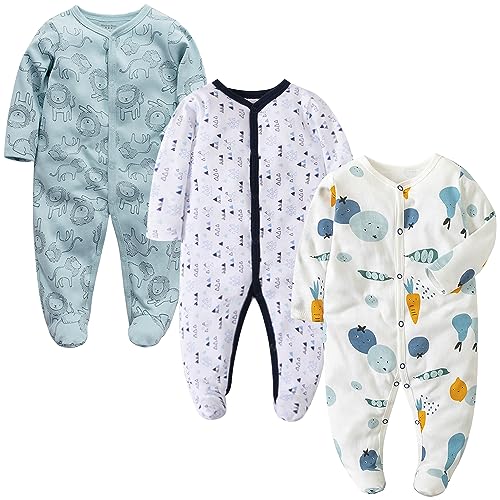 Petalum Baby Mädchen Pyjama mit Füßen 3er Pack Kleinkind Jungen schlafanzüge Baumwolle Winter Langarm Schlafstrampler mit knöpfen Overalls Strampler D 0-3Monate von Petalum