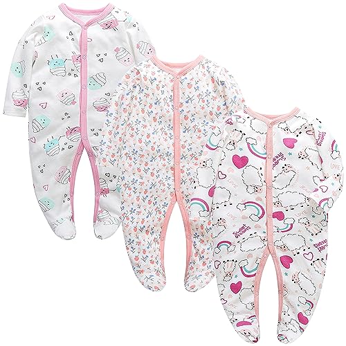 Petalum Baby Mädchen Pyjama mit Füßen 3er Pack Kleinkind Jungen schlafanzüge Baumwolle Winter Langarm Schlafstrampler mit knöpfen Overalls Strampler F 0-3Monate von Petalum