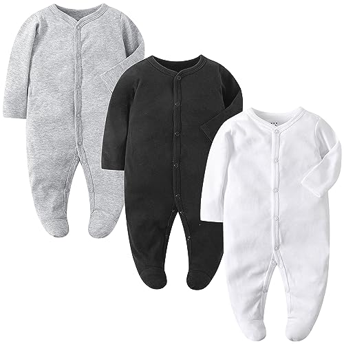 Petalum Baby Mädchen Pyjama mit Füßen 3er Pack Kleinkind Jungen schlafanzüge Baumwolle Winter Langarm Schlafstrampler mit knöpfen Overalls Strampler G 0-3Monate von Petalum