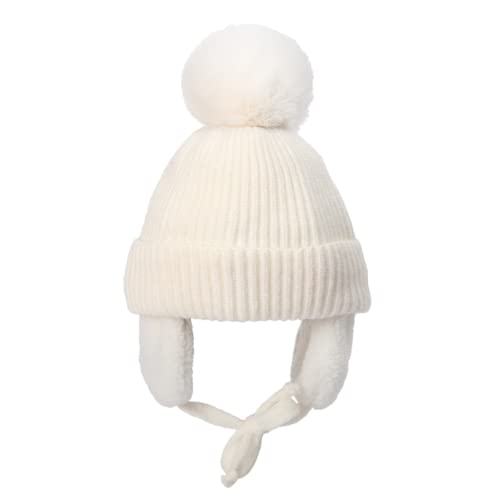 Petalum Baby Strickmütze Mädchen Jungen Bommelmütze gefüttert Beanie Ohrenschutz Kleinkind Earflap Wintermütze Kindermütze mit Bindeband Weiß One Size von Petalum