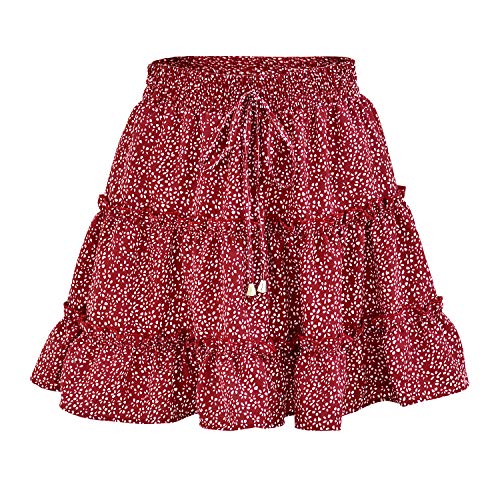 Petalum Blumenrock Damen kurz Boho Polka Pot Rockabilly Elastische Hohe Taille Kordelzug A Linie Falten Minirock 50-52 Rot von Petalum