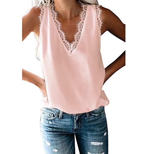 Petalum Bluse Damen Oberteile Elegant Chiffon Blusenshirt T-Shirt mit Spitzen Crop Tops V-Ausschnitt Ärmellos für Sommer 36EU pink von Petalum