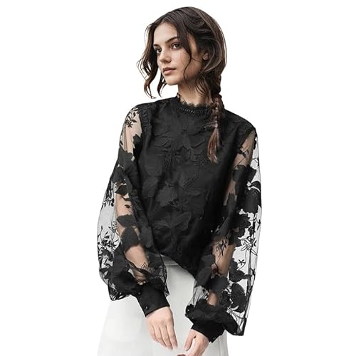 Petalum Bluse Schwarz Damen Elegant Blumendruck Langarmshirt mit Spitzenärmel Stehkragen Blusen Casual Work Business Shirt Tops Petalum Bluse Schwarz Damen Elegant Blumendruck Langarmshirt mit Spitzenärmel Stehkragen Blusen Casual Work Business Shirt Tops von Petalum