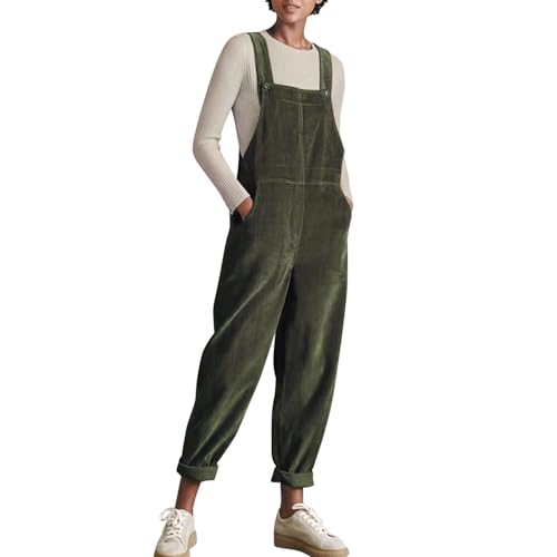 Petalum Cord Latzhose Damen lang Baumwolle Cord ärmellos Jumpsuits mit Taschen Regular Fit Overalls Spielanzug Hose Grün 2XL von Petalum