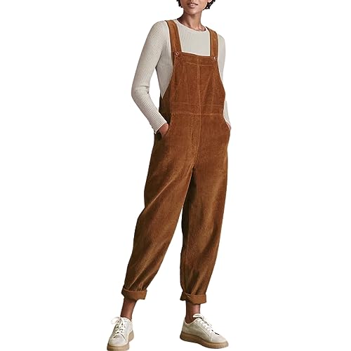 Petalum Cord Latzhose Damen lang Baumwolle Cord ärmellos Jumpsuits mit Taschen Regular Fit Overalls Spielanzug Hose Kaffee 2XL von Petalum