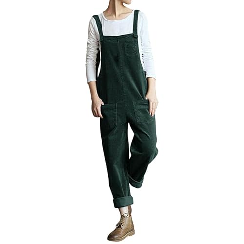 Petalum Cord Latzhose Damen lang Baumwolle Retro Einteiler Cord ärmellos Jumpsuits mit Taschen Herbst Winter Loose Fit Baggy Overalls Spielanzug Bib Pants M Grün von Petalum