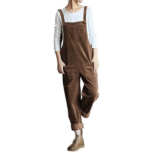 Petalum Cord Latzhose Damen lang Baumwolle Retro Einteiler Cord ärmellos Jumpsuits mit Taschen Herbst Winter Loose Fit Baggy Overalls Spielanzug Bib Pants XL Kaffee von Petalum