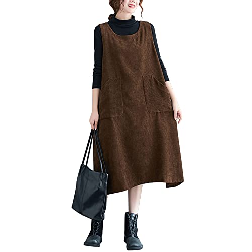 Petalum Cord Latzkleid Damen Trägerkleid Loose Fit Midikleid Herbst Winter Kleid mit Taschen von Petalum