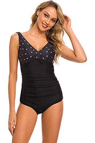 Petalum Damen Badeanzug Bauchweg Einteiler Rückenfreie Figurformend Raffung One Piece Bademode Anker Print von Petalum