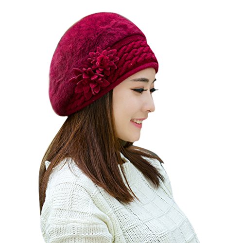 Petalum Damen Barette Baskenmütze Blumen Beanie Winter warm Strick Hüte Kopfbedeckung OneSize Weinrot von Petalum