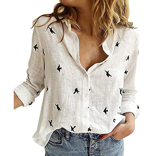 Petalum Damen Bluse Baumwolle Leinen Top mit langen Ärmeln T-Shirt Hemd V-Ausschnitt Casual Lose Atmungsaktiv Knopfleiste für Frühling Sommer Gr. 38, Weiß mit Motiv von Petalum