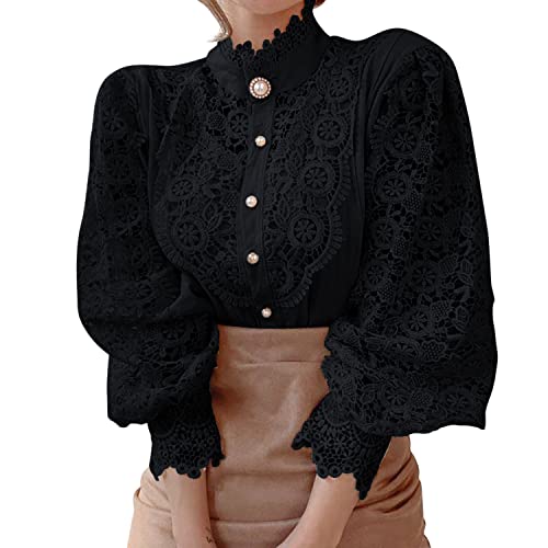 Petalum Damen Bluse elegant Langarm Ruffles Blumen Spitzebluse Stehkragen Stickerei Businesshemd von Petalum