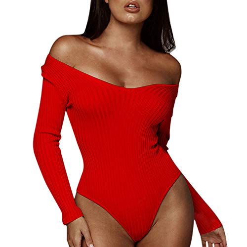 Petalum Damen Body Frauen Langarm V Ausschnitt Bodysuit Schulterfrei Elegant Stringbody Jumpsuit Tanz-Body Optimale Alternative für Sport & Freizeit von Petalum