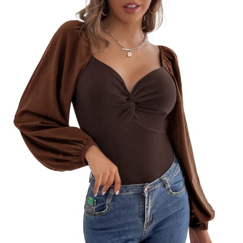 Petalum Damen Bodysuit Spitze Jumpsuit Elegant Langarm Tüll Transparent Body Mesh Stehkragen Bluse Tops Oberteile mit Rüschen Blumenmuster für Party Büro 36 Braun 3 von Petalum