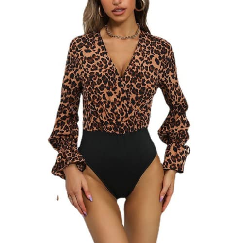 Petalum Damen Bodysuit Spitze Jumpsuit Elegant Langarm Tüll Transparent Body Mesh Stehkragen Bluse Tops Oberteile mit Rüschen Blumenmuster für Party Büro 36 Leopard-Khaki von Petalum