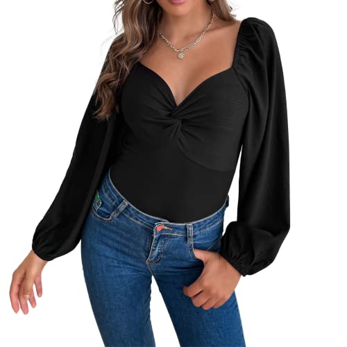 Petalum Damen Bodysuit Spitze Jumpsuit Elegant Langarm Tüll Transparent Body Mesh Stehkragen Bluse Tops Oberteile mit Rüschen Blumenmuster für Party Büro 38 Schwarz 3 von Petalum