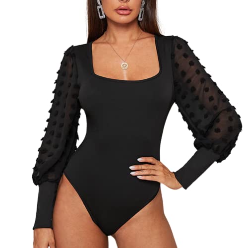Petalum Damen Bodysuit Spitze Jumpsuit Elegant Langarm Tüll Transparent Body Mesh Stehkragen Bluse Tops Oberteile mit Rüschen Blumenmuster für Party Büro Schwarz 2 38 von Petalum