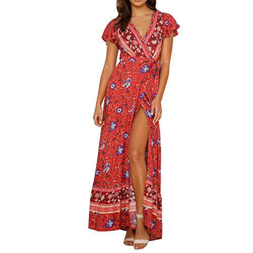 Petalum Damen Boho Kleider Sommerkleider Lang Blumendruck Maxikleid V-Ausschnitt Strandkleid mit Schlitz Partykleid von Petalum