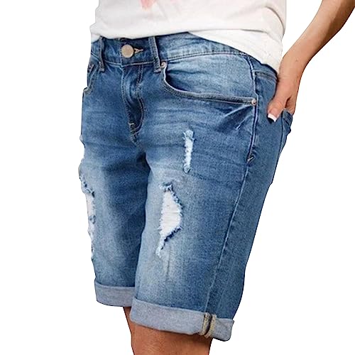 Petalum Damen Capri Jeans Stretch Jeanshose Kurze Sommer Capri Hose Mittlere Taille Jeans Denim Bermuda Shorts 46-48 Blau von Petalum