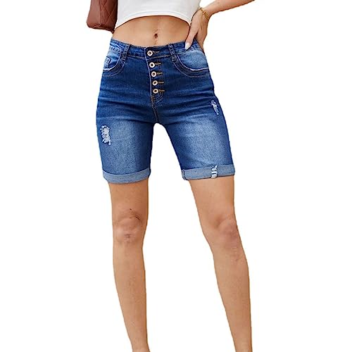 Petalum Damen Capri Jeans Stretch Jeanshose Kurze Sommer Capri Hose Mittlere Taille Jeans Denim Bermuda Shorts Dunkelblau 46-48 von Petalum