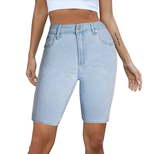 Petalum Damen Capri Jeans Stretch Jeanshose Kurze Sommer Capri Hose Mittlere Taille Jeans Denim Bermuda Shorts Hellblau 40-42 von Petalum