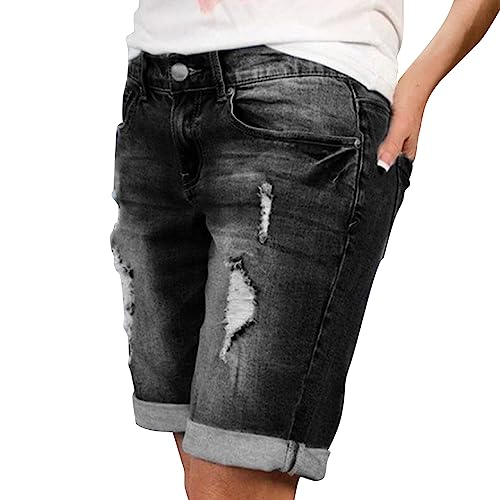 Petalum Damen Capri Jeans Stretch Jeanshose Kurze Sommer Capri Hose Mittlere Taille Jeans Denim Bermuda Shorts Schwarz EU 46-48 = Tag XL von Petalum