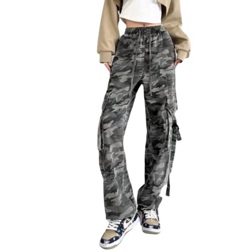 Petalum Damen Cargohose Camo Multi Tachen Casual Jogginghose High Waist Frauen Freizeithose Loose fit Cargo Pants Grau 38 von Petalum