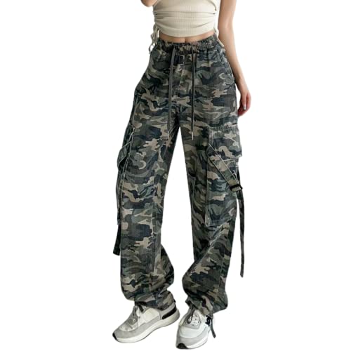 Petalum Damen Cargohose Camo Multi Tachen Casual Jogginghose High Waist Frauen Freizeithose Loose fit Cargo Pants Grün 34 von Petalum