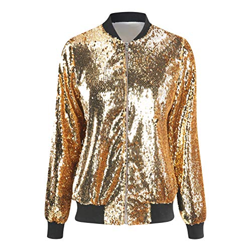 Petalum Damen Glitzer Pailletten Jacke Hiphop Langarm Bomberjacke Fliegenjacke Bikerjacke Outwear in Schwarz, Gold, Grün, Silber (Gold, EU 48-50 = Tag 3XL) von Petalum