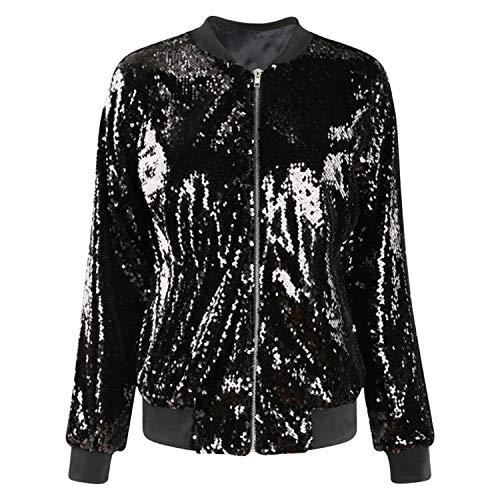 Petalum Damen Glitzer Pailletten Jacke Hiphop Langarm Bomberjacke Fliegenjacke Bikerjacke Outwear in Schwarz, Gold, Grün, Silber (Schwarz, EU 48-50 = Tag 3XL) von Petalum