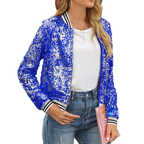 Petalum Damen Glitzer Pailletten Jacke Hiphop Langarm Bomberjacke Reißverschluss Fliegenjacke Bikerjacke Outwear L Blau von Petalum