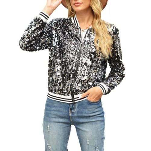 Petalum Damen Glitzer Pailletten Jacke Hiphop Langarm Bomberjacke Reißverschluss Fliegenjacke Bikerjacke Outwear S Schwarz von Petalum