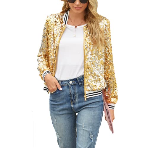 Petalum Damen Glitzer Pailletten Jacke Hiphop Langarm Bomberjacke Reißverschluss Fliegenjacke Bikerjacke Outwear XXL Gold von Petalum