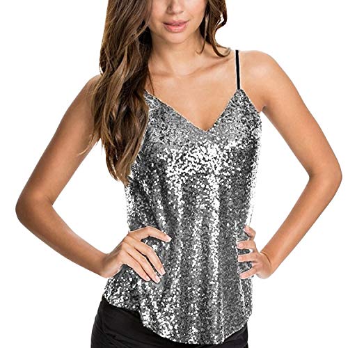 Petalum Damen Tops Glitzer Tank Tops Ärmellos Sparkle Shimmer Shirt Clubwear Party Tief V Crop Top Rückenfrei Weste EU34-42 (Grau, EU 38=Hersteller Etikette L) von Petalum